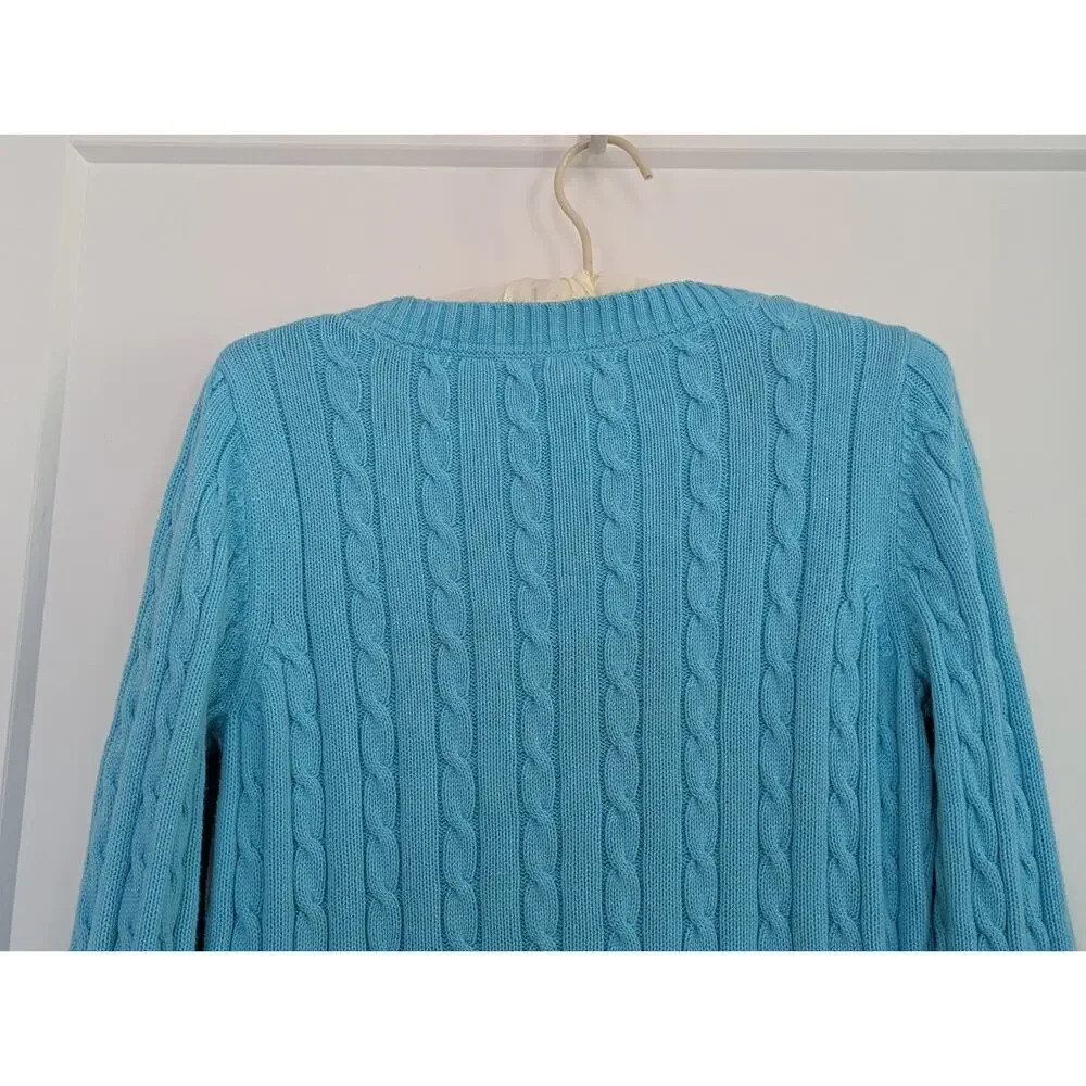 Old Navy Women's L Turquoise Blue Cable Knit V-neck Sweater Whale Logo Preppy